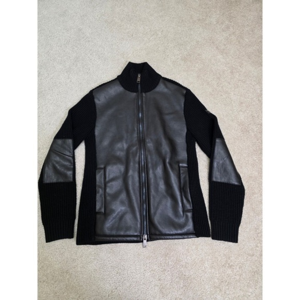 Armani Exchange AX Mens Black Faux Leather Mixed Media Knit Zip Jacket Small